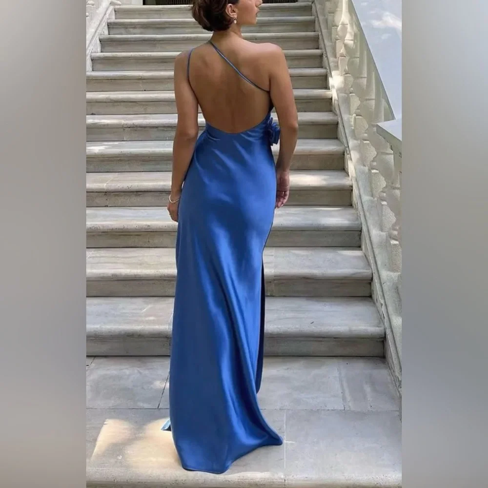 Satin Asymmetrical Open Back Maxi Dress with Rose Decor - Picture 5 of 5